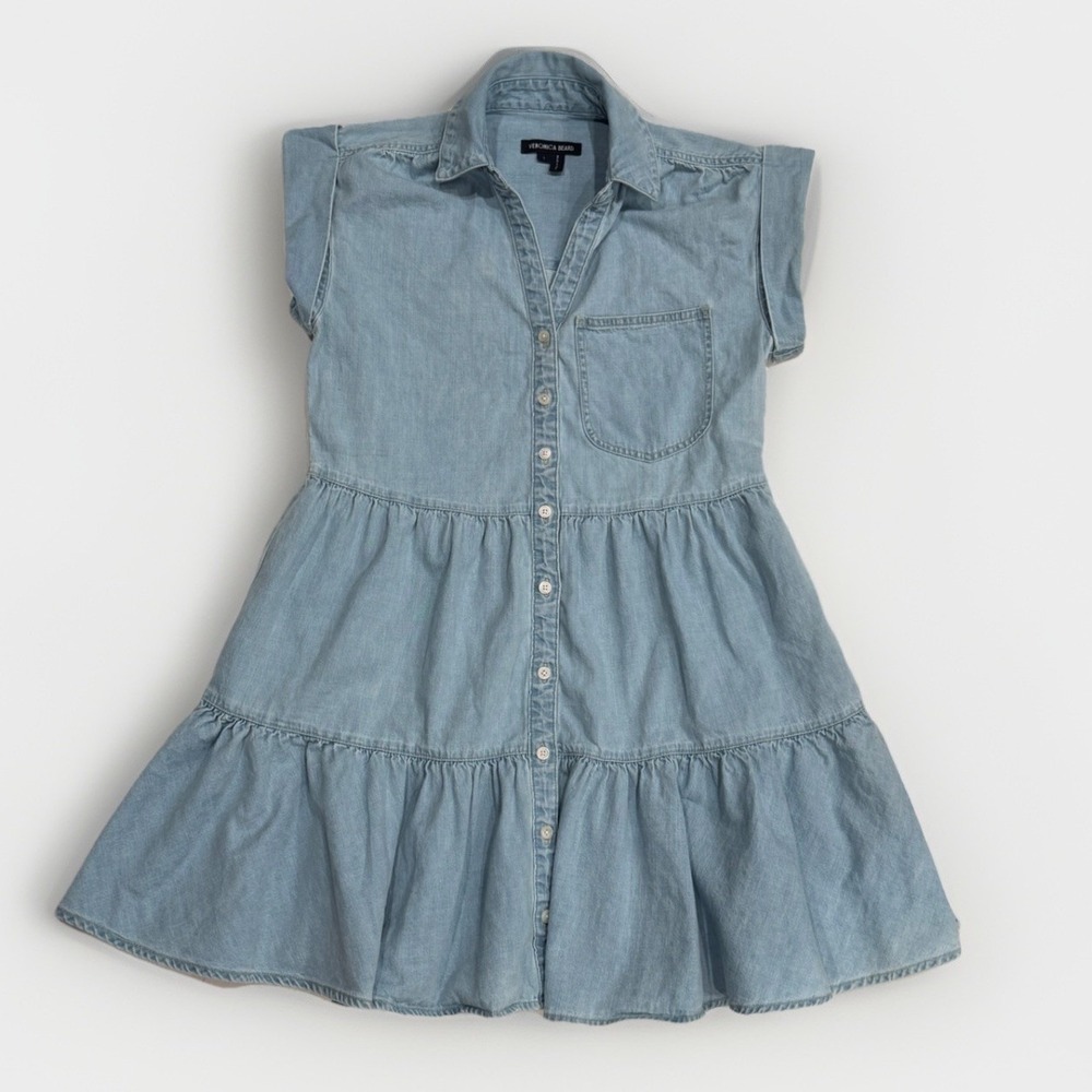 VERONICA BEARD Trisha Tiered Denim Mini Shirt Dress V Neck‎ Western Chic Size S